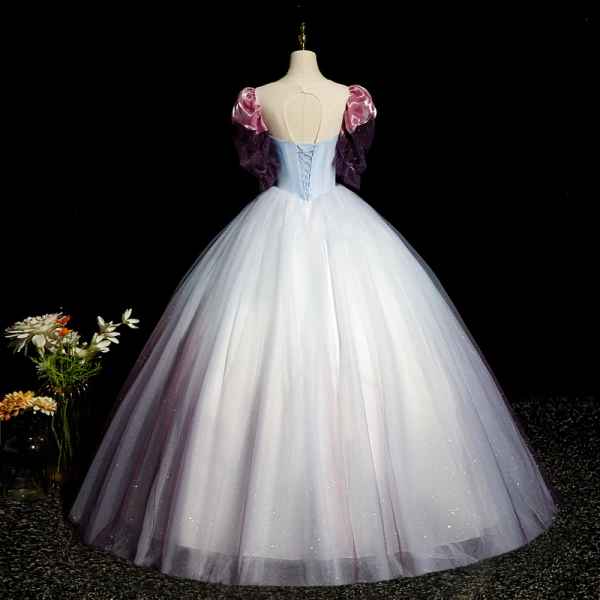 Elegant Sky Blue Rhinestone Sequins Appliques Lace Flower Prom Dresses 2023 Ball Gown Scoop Neck Puffy Short Sleeve Backless Floor-Length / Long Formal Dresses