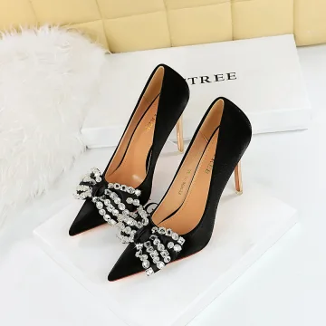 Chic Belle Noire Faux Diamant Soirée Satin Escarpins Talons Hauts 2023 10 Cm Talons Aiguilles À Bout Pointu Escarpins