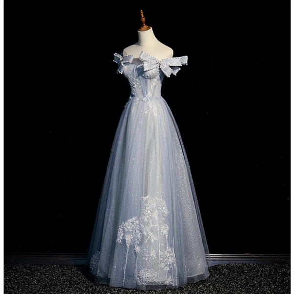 Charmant Bleu Ciel Glitter Paillettes Robe De Soirée 2023 Princesse Bustier Perle Noeud Sans Manches Dos Nu Longue Robe De Ceremonie