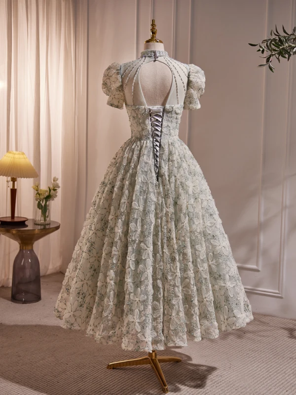 Vintage / Retro Sage Green Beading Pearl Flower Sequins Prom Dresses Ball Gown 2023 High Neck Short Sleeve Backless Floor-Length / Long Prom Formal Dresses