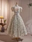 Vintage / Retro Sage Green Beading Pearl Flower Sequins Prom Dresses Ball Gown 2023 High Neck Short Sleeve Backless Floor-Length / Long Prom Formal Dresses