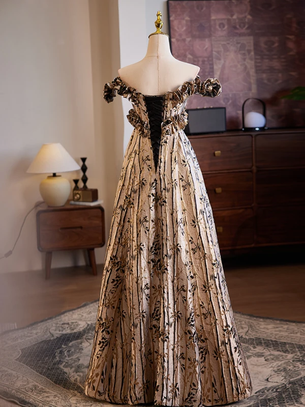Vintage / Retro Brown Printing Prom Dresses 2024 A-Line / Princess Off-The-Shoulder Sleeveless Backless Floor-Length / Long Prom Formal Dresses