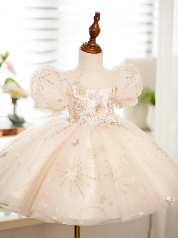 Chic / Beautiful Champagne Beading Pearl Lace Flower Sequins Birthday Short Flower Girl Dresses 2023 Ball Gown Scoop Neck Puffy Short Sleeve Tulle