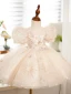 Chic / Beautiful Champagne Beading Pearl Lace Flower Sequins Birthday Short Flower Girl Dresses 2023 Ball Gown Scoop Neck Puffy Short Sleeve Tulle
