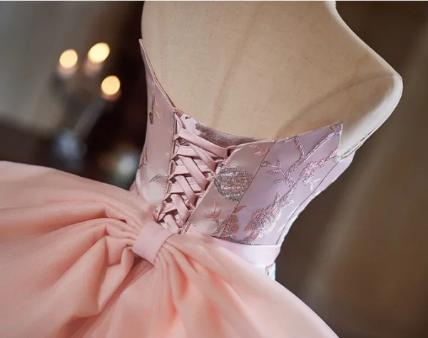 Chic / Belle Rougissant Rose En Dentelle Fleur Robe De Soirée 2024 Trompette / Sirène Bustier Sans Manches Dos Nu Noeud Train De Balayage Soirée Robe De Ceremonie