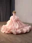 Luxury / Gorgeous Blushing Pink Handmade  Beading Sequins Cascading Ruffles Prom Dresses 2026 Ball Gown Strapless Sleeveless Backless Royal Train Formal Dresses