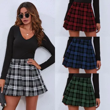 Vintage Retro Black Pleated Plaid Skirts 2021 Summer Women Short Bottoms Street Wear