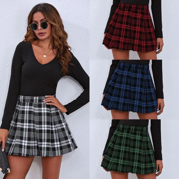 Vintage / Retro Black Pleated Plaid Skirts 2021 Summer Women Short Bottoms Street Wear