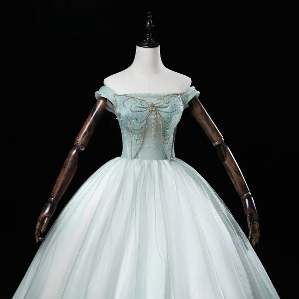 Elegant Mint Green Prom Dresses 2022 Ball Gown Off-The-Shoulder Beading Pearl Rhinestone Sleeveless Backless Floor-Length / Long Prom Formal Dresses