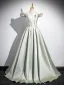Modest / Simple Sage Green A-Line / Princess Prom Dresses 2024 Off-The-Shoulder Sleeveless Backless Sweep Train Prom Formal Dresses