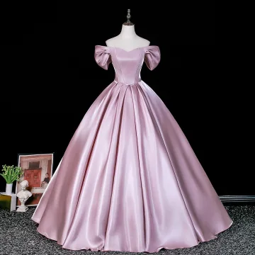 Elegant Blushing Pink Satin Prom Dresses 2026 Ball Gown Off The Shoulder Short Sleeve Backless Floor Length Long Formal Dresses
