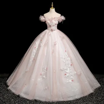 Élégant Rougissant Rose Perlage En Dentelle Fleur Appliques Robe De Bal 2025 Robe Boule De L Épaule Manches Courtes Dos Nu Longue Robe De Ceremonie