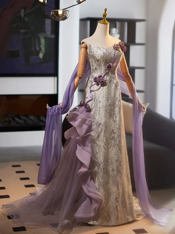 Chinese style Champagne Appliques Printing Evening Dresses 2025 A-Line / Princess Strapless Sleeveless Backless Sweep Train Evening Party Formal Dresses