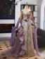 Chinese style Champagne Appliques Printing Evening Dresses 2025 A-Line / Princess Strapless Sleeveless Backless Sweep Train Evening Party Formal Dresses