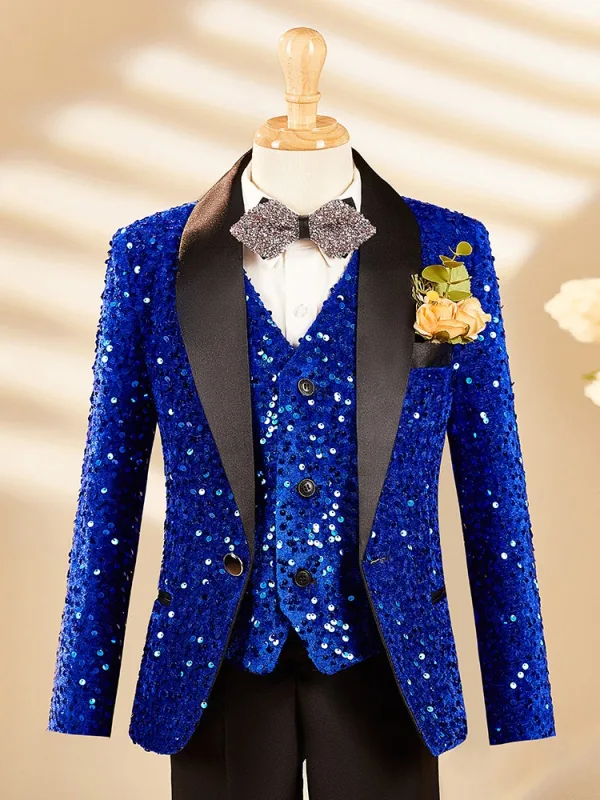 Sparkly Royal Blue Sequins Fall Winter Long Sleeve 6-piece Boys Wedding Suits 2025 Body Jewellery Coat Pants Shirt Tie Vest