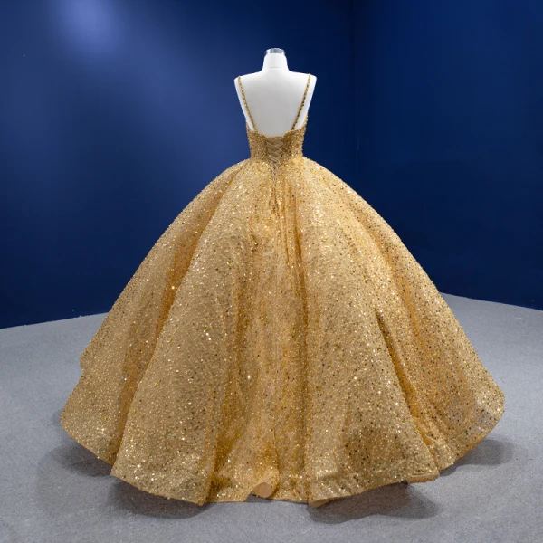 High-end Gold Handmade  Beading Pearl Sequins Prom Dresses 2022 Ball Gown Spaghetti Straps Sleeveless Backless Floor-Length / Long Prom Formal Dresses