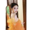Charming Orange Pleated Prom Dresses 2023 Ball Gown Off-The-Shoulder Short Sleeve Backless Split Front Sweep Train Prom Formal Dresses
