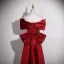 Elegant Burgundy Satin Prom Dresses 2025 A-Line / Princess Off-The-Shoulder Short Sleeve Backless Bow Sweep Train Formal Dresses