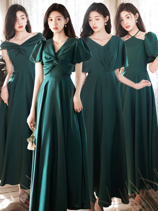 Modest Simple Dark Green Satin Bridesmaid Dresses 2022 A-Line Princess Short Sleeve Long