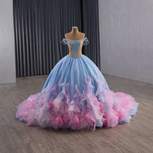 High End Fashion Sky Blue Cascading Ruffles Sequins Rhinestone Prom Dresses 2025 Ball Gown Strapless Sleeveless Backless Court Train Formal Dresses