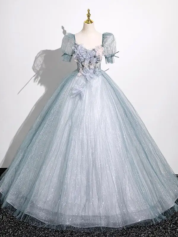 Elegant Sky Blue Beading Appliques Prom Dresses A-Line / Princess 2025 Square Neckline Short Sleeve Backless Floor-Length / Long Prom Formal Dresses