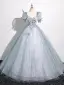 Elegant Sky Blue Beading Appliques Prom Dresses A-Line / Princess 2025 Square Neckline Short Sleeve Backless Floor-Length / Long Prom Formal Dresses