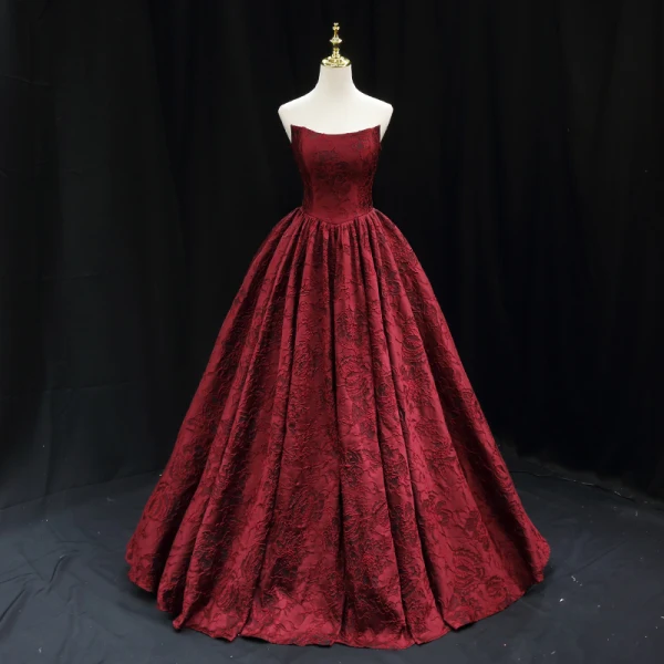burgundy prom dresses 2023 A Line V Neck Burgundy Prom Dress Beaded Split Evening Dress PSK140 US16 / Burgundy main image 1