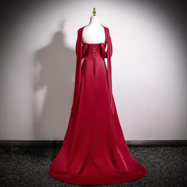 Vintage / Retro Burgundy Satin Prom Dresses 2026 A-Line / Princess Strapless Sleeveless Backless Sweep Train Prom Formal Dresses