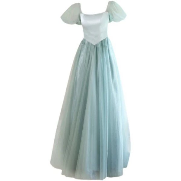 Chic / Beautiful Sage Green Prom Dresses 2022 A-Line / Princess Square Neckline Puffy Short Sleeve Bow Rhinestone Floor-Length / Long Formal Dresses