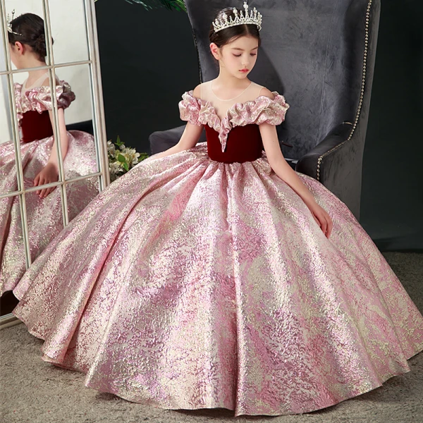 Elegant Burgundy Prom Flower Girl Dresses 2022 Ball Gown Ruffle Scoop Neck Sequins Short Sleeve Floor-Length / Long Flower Girl Dresses
