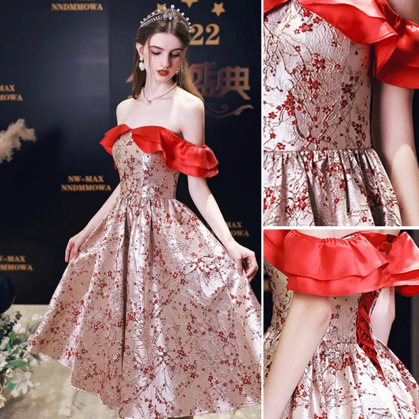 Fashion Red Flower Party Dresses 2023 A-Line / Princess Off-The-Shoulder Short Sleeve Backless Tea-length Cocktail Party Evening Party Formal Dresses