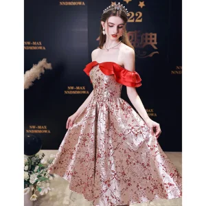 Mote Rød Blomst Festkjoler 2023 Prinsesse Av Skulderen Korte Ermer Ryggløse Te Lengde Fest Aften Formelle Kjoler