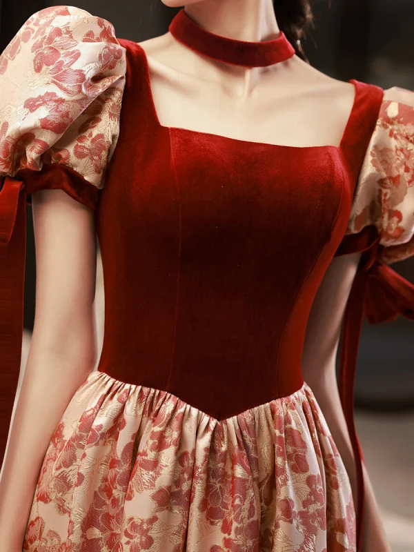 Elegant Burgundy Printing Prom Dresses 2022 A-Line / Princess Square Neckline Puffy Short Sleeve Backless Floor-Length / Long Formal Dresses