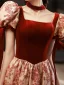 Elegant Burgundy Printing Prom Dresses 2022 A-Line / Princess Square Neckline Puffy Short Sleeve Backless Floor-Length / Long Formal Dresses