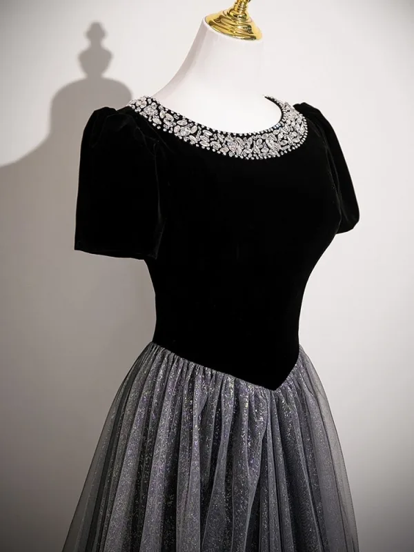 Bling Bling Black Sequins Prom Dresses 2026 A-Line / Princess Scoop Neck Short Sleeve Floor-Length / Long Tulle Formal Dresses