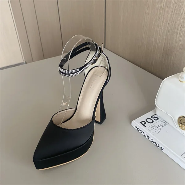 Sexy Fuchsia Cocktail Party Evening Party Satin Womens Sandals 2023 Rhinestone Ankle Strap 13 cm Stiletto Heels Pointed Toe Sandals High Heels