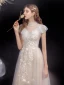Chic / Beautiful Champagne Beading Sequins Prom Dresses 2022 A-Line / Princess High Neck Short Sleeve Backless Floor-Length / Long Prom Formal Dresses