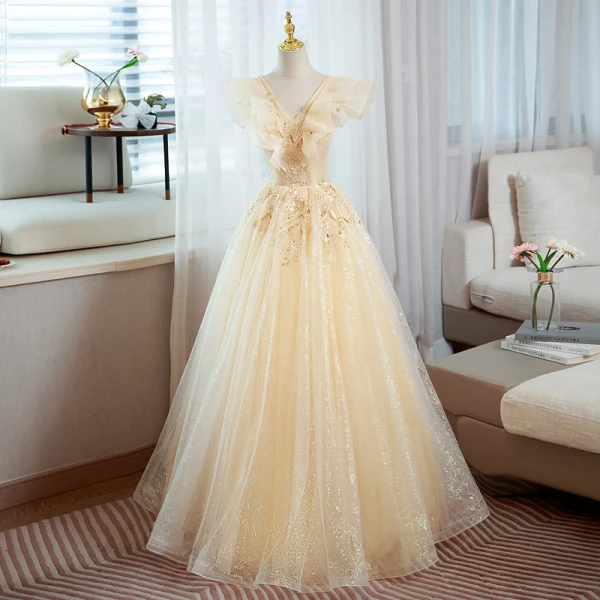 Elegant Champagne Lace Sequins Prom Dresses 2022 Ball Gown V-Neck Sleeveless Backless Floor-Length / Long Prom Formal Dresses