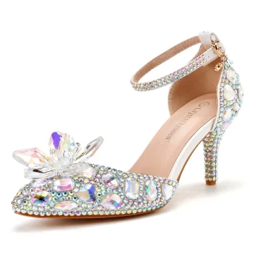 Sjarmerende Hvit Rhinestone Krystall Brudesko 2023 Ankelstropp 7 Cm Stiletthæler Spisse Bryllup Høyhælte