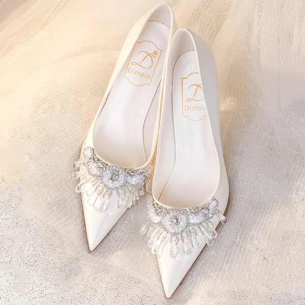 Chic / Beautiful Ivory Satin Rhinestone Wedding Shoes 2023 Leather 8 cm Stiletto Heels Pointed Toe Wedding Pumps High Heels