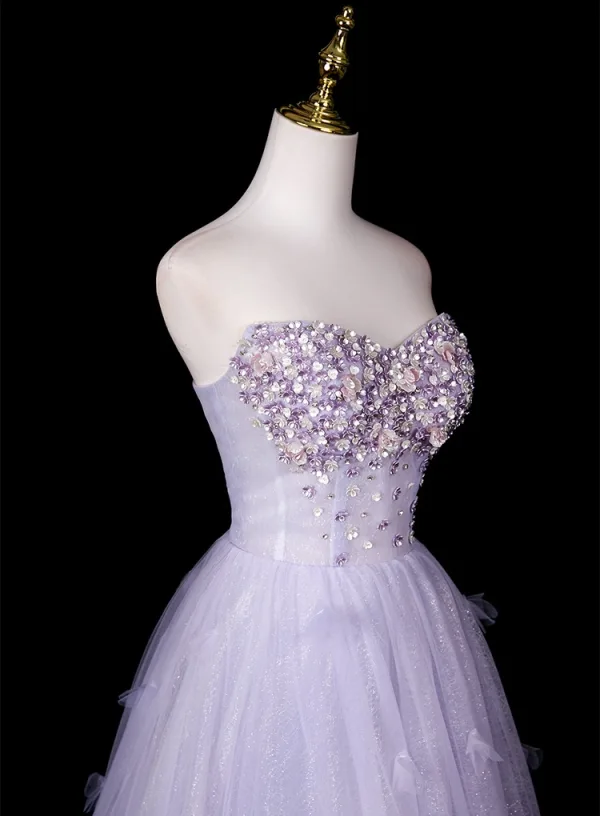 Chic / Beautiful Lavender Appliques Rhinestone Prom Dresses 2025 A-Line / Princess Strapless Sleeveless Backless Floor-Length / Long Formal Dresses