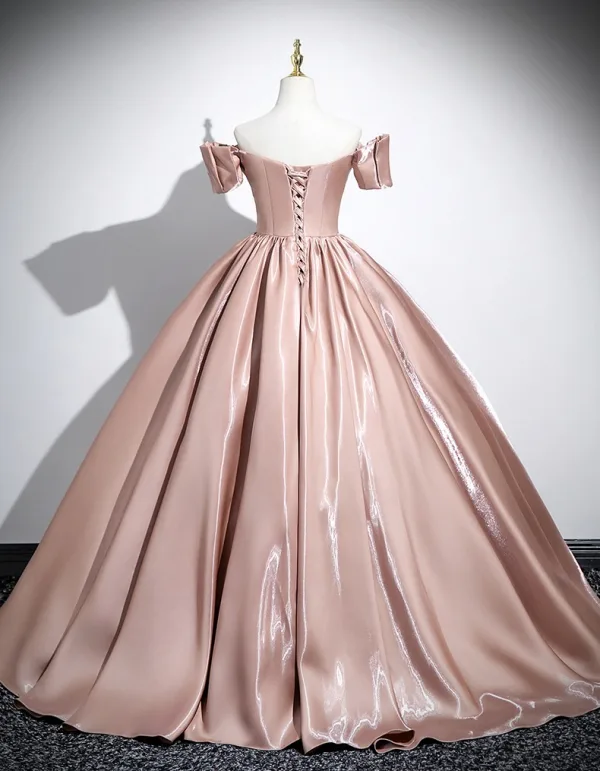 Elegant Champagne Satin Prom Dresses 2025 Ball Gown Off-The-Shoulder Short Sleeve Backless Floor-Length / Long Prom Formal Dresses