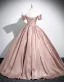 Elegant Champagne Satin Prom Dresses 2025 Ball Gown Off-The-Shoulder Short Sleeve Backless Floor-Length / Long Prom Formal Dresses