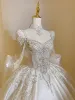 Vintage / Retro Ivory Beading Rhinestone Sequins Satin Wedding Dresses 2024 Ball Gown Square Neckline Long Sleeve Backless Bow Court Train Wedding