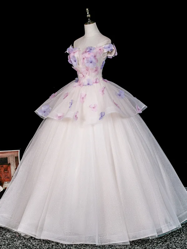 Blumenfee Weiß Perle Applikationen Ballkleider 2026 Ballkleid Off Shoulder Kurze Ärmel Rückenfreies