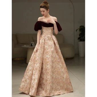 Elegant Burgundy Printing Pearl Prom Dresses 2023 A Line Princess Off The Shoulder Short Sleeve Backless Floor Length Long Prom Formal Dresses