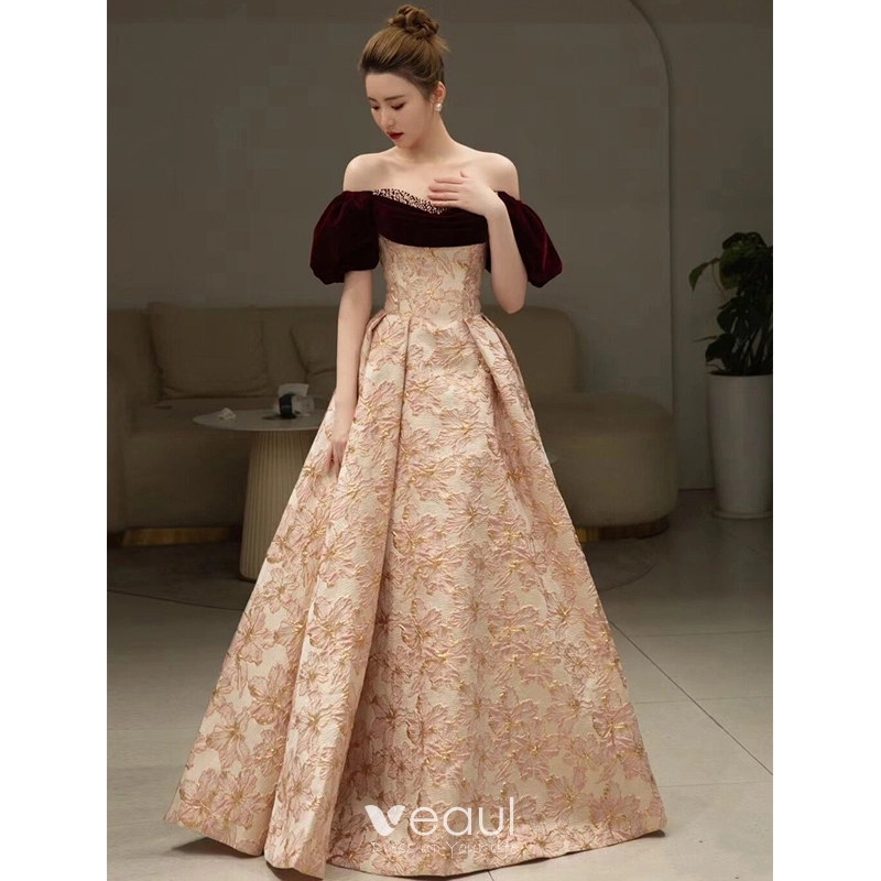 Elegant Burgundy Printing Pearl Prom Dresses 2023 A-Line Princess Off-The-Shoulder Short