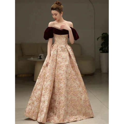 Elegantes Borgoña Impresión Perla Vestidos de gala 2023 A-Line / Princess Fuera Del Hombro Manga Corta Sin Espalda Largos Gala Vestidos Formales
