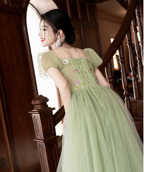 Chic / Belle Vert Cendré Appliques Paillettes Robe De Bal 2024 Princesse Bretelles Spaghetti Manches Courtes Dos Nu Longue Tulle Promo Robe De Ceremonie