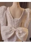 Vintage / Retro Ivory Lace Flower Wedding Dresses 2024 Trumpet / Mermaid V-Neck 3/4 Sleeve Backless Bow Sweep Train